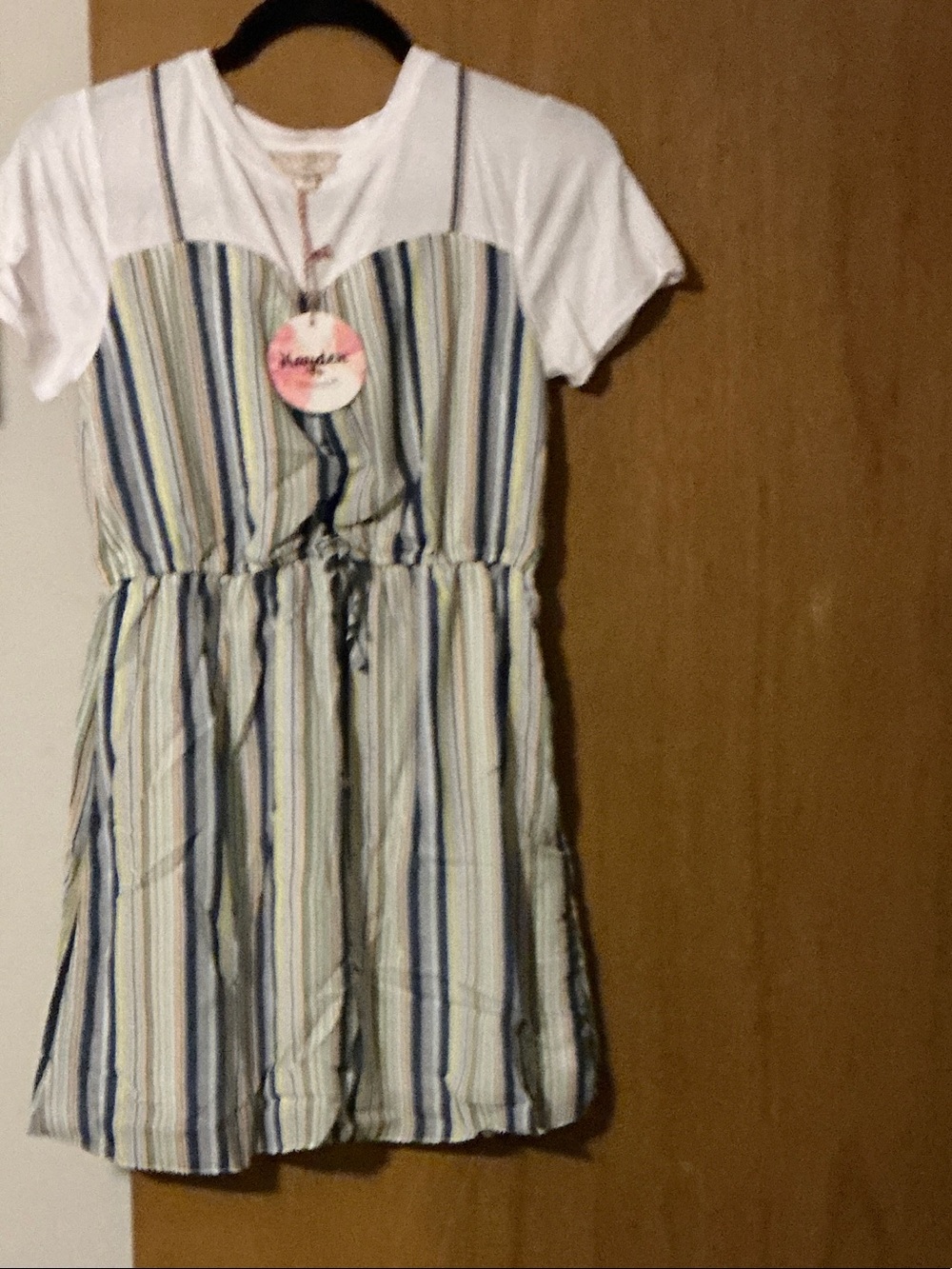 Girl’s Hayden White Tee Dress with Blue & Green Stripes